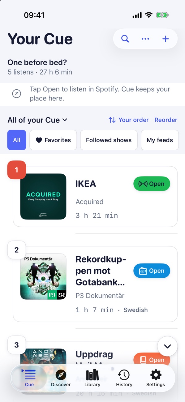 Your Cue: a numbered list of episodes and audiobooks from different apps, each with an Open button.