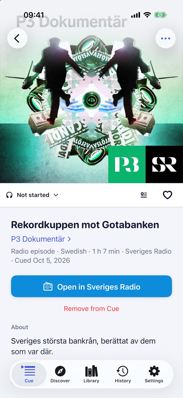 An episode page in Cue with its cover, an Open in player button and a listening status.